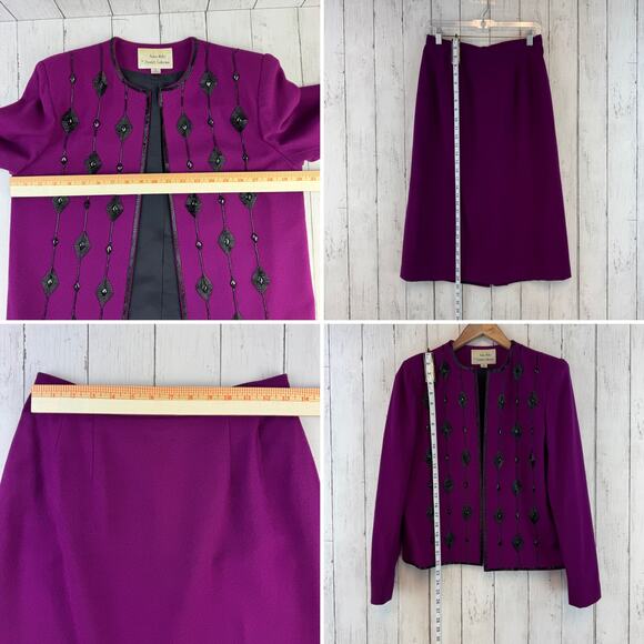 VTG Nolan Miller Purple Black Wool Embellished Beaded Jacket Skirt Outfit Set 10 - Picture 15 of 16